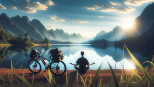 DALL·E 2024-01-23 13.24.29 - A panoramic landscape showing a serene bikepacking scene. The image features a lone bikepacker meditating beside their bike, amidst a tranquil natural